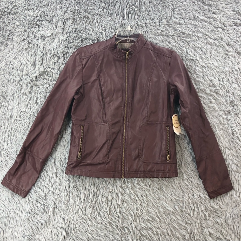 Faded Glory Jacket Womens Small NWT Faux Leather Full Zip Pockets Moto Jacket